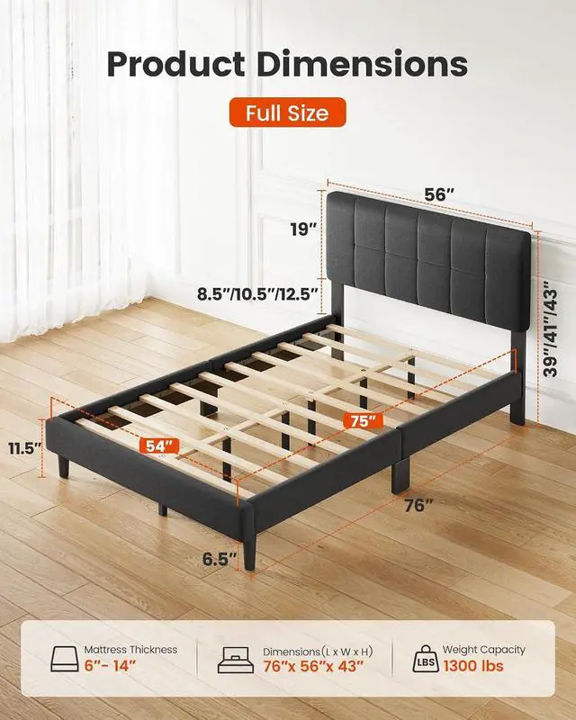Alt view image 2 of 7 - Amada Full Bed Frame with Adjustable Headboard, Sturdy Upholstered Bed Frame with 12 Support Legs, 1300 lbs Weight Capacity, Fits 6-14 Mattresses, No Box Spring Needed, Easy Setup, Dark Gray
