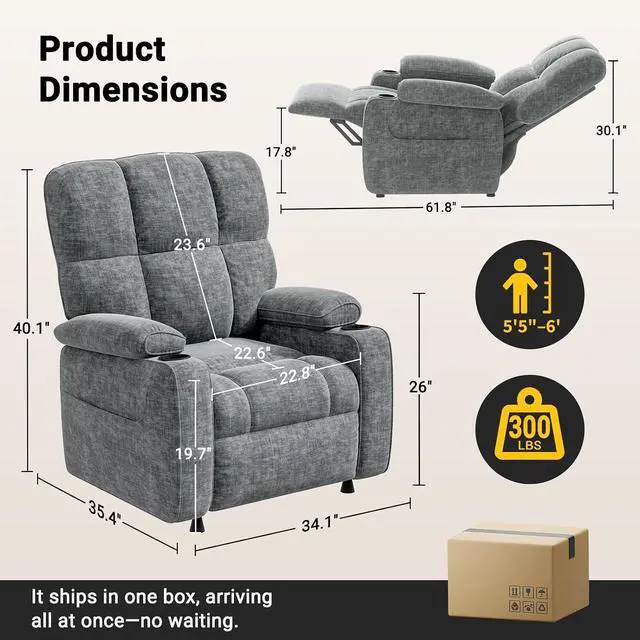 Alt view image 2 of 7 - AMADA HOMEFURNISHING Power Recliner Chair for Adults, One-Touch Synchronized Electric Recliner with USB Ports, Cup Holder & Side Pockets, Thick Seat Cushion, Chenille, Living Room & Bedroom