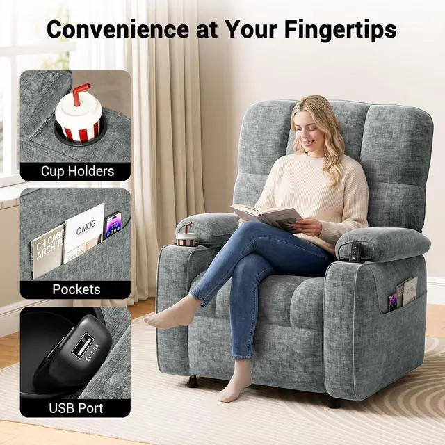 Alt view image 6 of 7 - AMADA HOMEFURNISHING Power Recliner Chair for Adults, One-Touch Synchronized Electric Recliner with USB Ports, Cup Holder & Side Pockets, Thick Seat Cushion, Chenille, Living Room & Bedroom