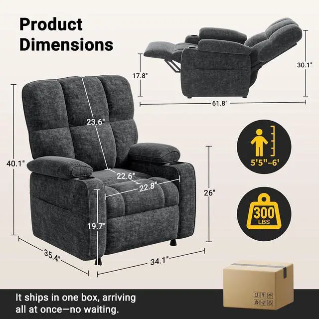 Alt view image 2 of 7 - AMADA HOMEFURNISHING Power Recliner Chair for Adults, One-Touch Synchronized Electric Recliner with USB Ports, Cup Holder & Side Pockets, Thick Seat Cushion, Chenille, Living Room & Bedroom