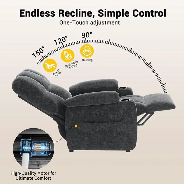 Alt view image 4 of 7 - AMADA HOMEFURNISHING Power Recliner Chair for Adults, One-Touch Synchronized Electric Recliner with USB Ports, Cup Holder & Side Pockets, Thick Seat Cushion, Chenille, Living Room & Bedroom