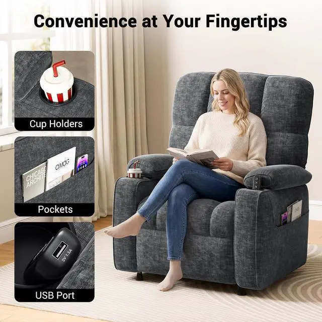 Alt view image 6 of 7 - AMADA HOMEFURNISHING Power Recliner Chair for Adults, One-Touch Synchronized Electric Recliner with USB Ports, Cup Holder & Side Pockets, Thick Seat Cushion, Chenille, Living Room & Bedroom