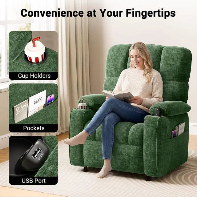Alt view image 6 of 7 - AMADA HOMEFURNISHING Power Recliner Chair for Adults, One-Touch Synchronized Electric Recliner with USB Ports, Cup Holder & Side Pockets, Thick Seat Cushion, Chenille, Living Room & Bedroom