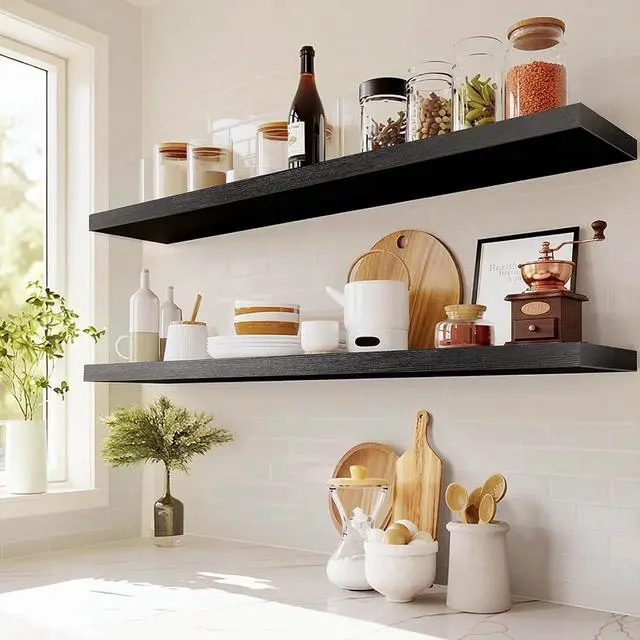 Alt view image 3 of 7 - AMADA HOMEFURNISHING Floating Shelves Wall Mounted, 47 x 8 Inch Wall Shelves for Bathroom, Bedroom, Living Room, Black Shelves Set of 2