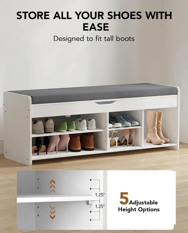 Alt view image 3 of 7 - Amada Shoe Storage Bench with Cushion, 47.2" Long Entryway Bench with Lift Top Storage, 4-Door Shoe Bench with Adjustable Shelves, 300 lb Capacity for Entryway, Bedroom, Living Room, Classic White