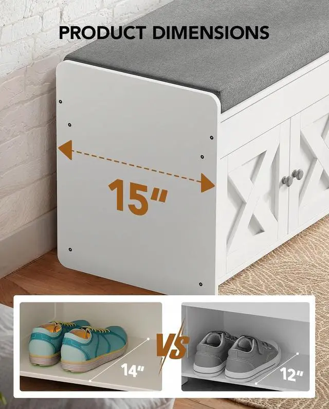 Alt view image 5 of 7 - Amada Shoe Storage Bench with Cushion, 47.2" Long Entryway Bench with Lift Top Storage, 4-Door Shoe Bench with Adjustable Shelves, 300 lb Capacity for Entryway, Bedroom, Living Room, Classic White