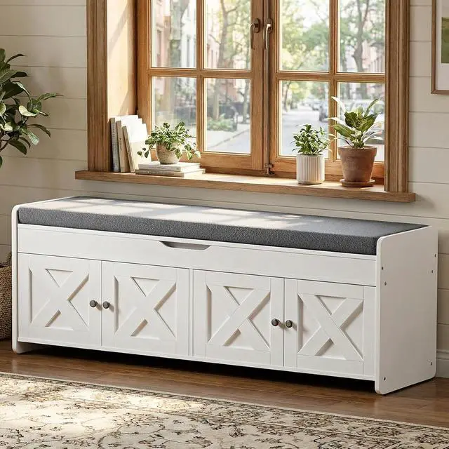 Alt view image 6 of 7 - Amada Shoe Storage Bench with Cushion, 47.2" Long Entryway Bench with Lift Top Storage, 4-Door Shoe Bench with Adjustable Shelves, 300 lb Capacity for Entryway, Bedroom, Living Room, Classic White