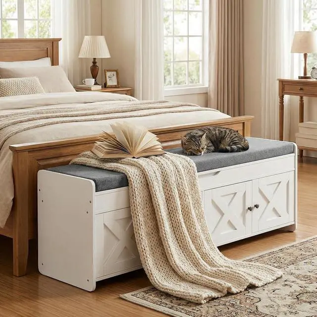 Alt view image 7 of 7 - Amada Shoe Storage Bench with Cushion, 47.2" Long Entryway Bench with Lift Top Storage, 4-Door Shoe Bench with Adjustable Shelves, 300 lb Capacity for Entryway, Bedroom, Living Room, Classic White