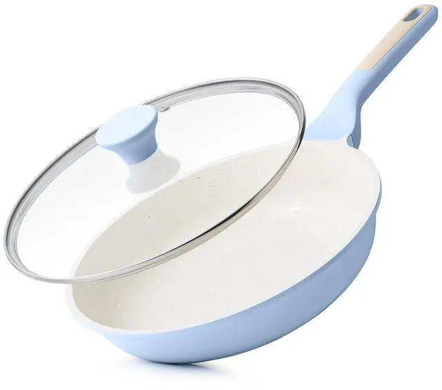 Main image of Nonstick Ceramic Frying Pan with Lid 8 Inch Omelette Pan Skillet, Free of Intentionally Added PFAS/PTFE Non-toxic Chef's Pan Induction Compatible Pan, Heat Resistant Handle, Glacier Blue