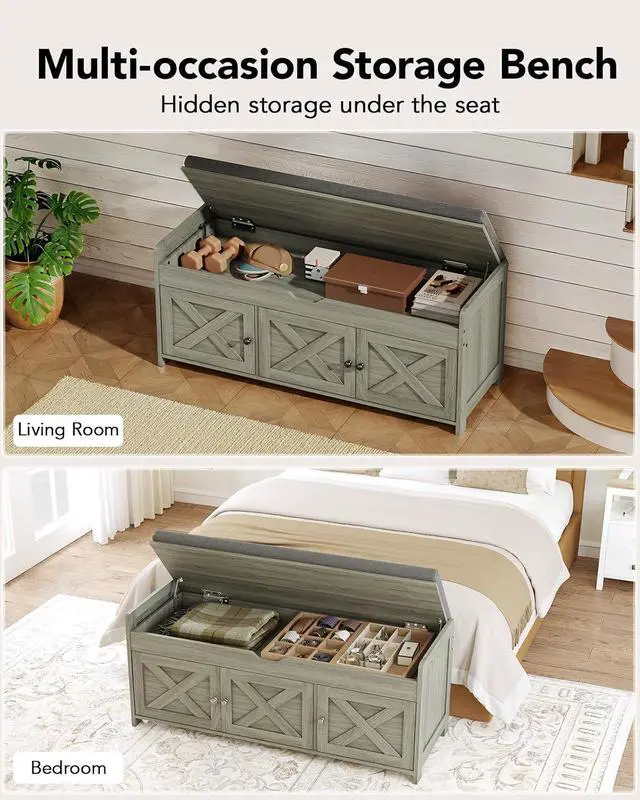 Alt view image 6 of 7 - Pipishell Shoe Storage Bench, 2-Tier Shoe Bench with Cushioned Seat, Entryway Bench with Adjustable Shelf & Barn Doors, 300 lbs Capacity, 39.4" x 15" x 18", for Entryway, Bedroom, Living Room, Gray