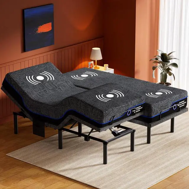 Main image of Amada Split King Adjustable Bed Frame and 14 Inch Cooling Gel Memory Foam Mattress Set, Massage, Head & Foot Incline, Wireless Remote, USB Ports, LED Night Light, Medium Firm Support