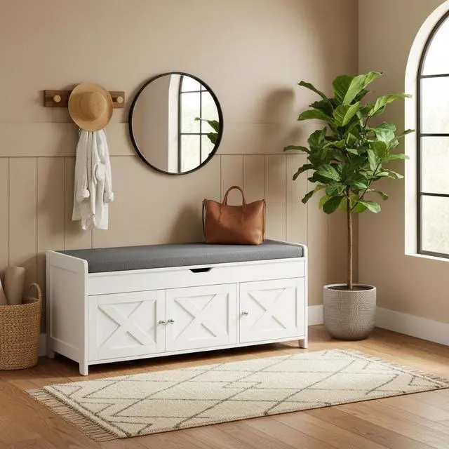 Main image of Pipishell Shoe Storage Bench, 2-Tier Shoe Bench with Cushioned Seat, Entryway Bench with Adjustable Shelf & Barn Doors, 300 lbs Capacity, 39.4" x 15" x 18", for Entryway, Bedroom, Living Room, White