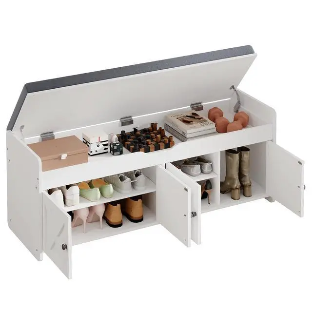 Alt view image 6 of 7 - Pipishell Shoe Storage Bench, 2-Tier with Cushioned Seat, Entryway Bench with Adjustable Shelf & Barn Doors, 300 lbs Capacity, 47.2" x 15" x 18", for Entryway, Bedroom, Living Room, White
