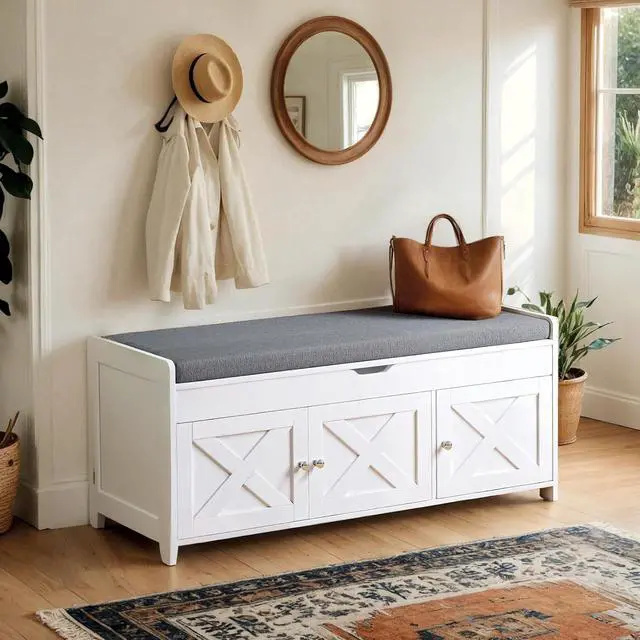Main image of Pipishell 2-Tier Shoe Storage Bench with Cushioned Seat, Entryway Bench with Adjustable Shelf & Barn Doors, 300 lbs Capacity, 39.4" W x 16" D x 18" H, for Entryway, Bedroom, Living Room, White