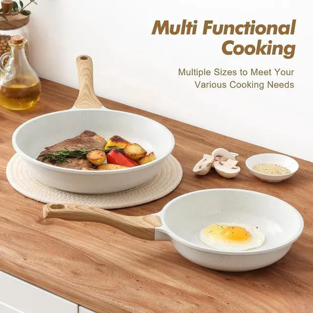 Alt view image 6 of 7 - Nonstick Frying Pan Skillets, White Ceramic Coating Omelette Pans, Healthy Cookware Chef's Pan, PTFE & PFAS Free (9.5+11 Inch)