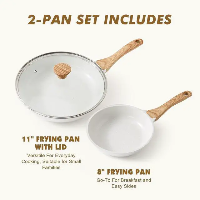 Alt view image 3 of 6 - Nonstick Frying Pan Skillets, White Ceramic Coating Omelette Pans, Healthy Cookware Chef's Pan, Free of PTFE & PFAS (8+11Inch with Lid)