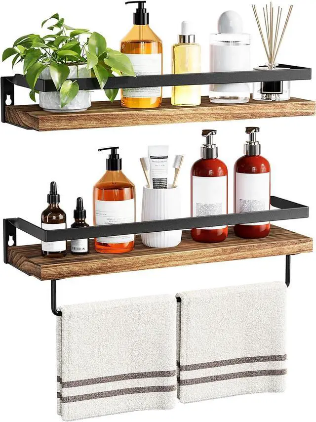Main image of AMADA HOMEFURNISHING Bathroom Shelves with Towel Bar, Floating Shelves, Wall Shelves for Bathroom/Living Room/Kitchen/Bedroom, Rustic Brown, Set of 2 - AMFS01BN