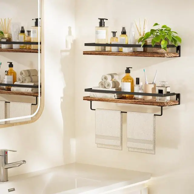 Alt view image 2 of 7 - AMADA HOMEFURNISHING Bathroom Shelves with Towel Bar, Floating Shelves, Wall Shelves for Bathroom/Living Room/Kitchen/Bedroom, Rustic Brown, Set of 2 - AMFS01BN