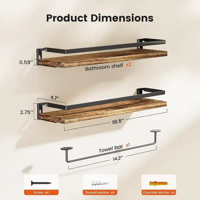 Alt view image 3 of 7 - AMADA HOMEFURNISHING Bathroom Shelves with Towel Bar, Floating Shelves, Wall Shelves for Bathroom/Living Room/Kitchen/Bedroom, Rustic Brown, Set of 2 - AMFS01BN