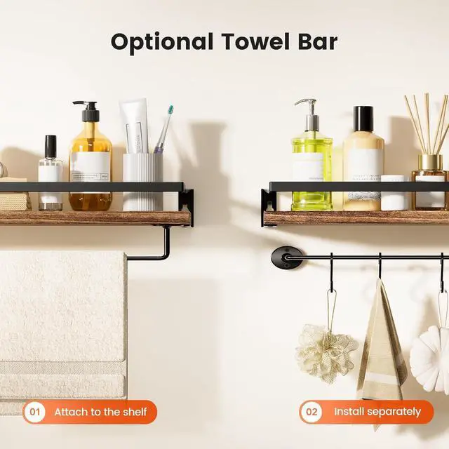 Alt view image 5 of 7 - AMADA HOMEFURNISHING Bathroom Shelves with Towel Bar, Floating Shelves, Wall Shelves for Bathroom/Living Room/Kitchen/Bedroom, Rustic Brown, Set of 2 - AMFS01BN