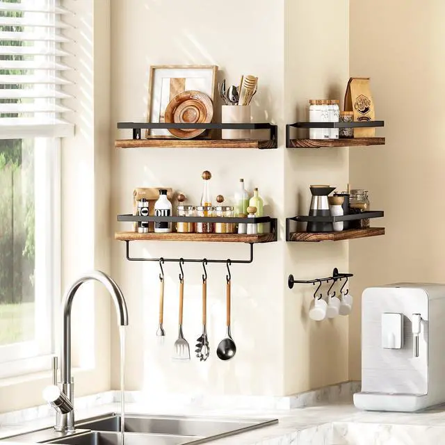Alt view image 6 of 7 - AMADA HOMEFURNISHING Bathroom Shelves with Towel Bar, Floating Shelves, Wall Shelves for Bathroom/Living Room/Kitchen/Bedroom, Rustic Brown, Set of 2 - AMFS01BN