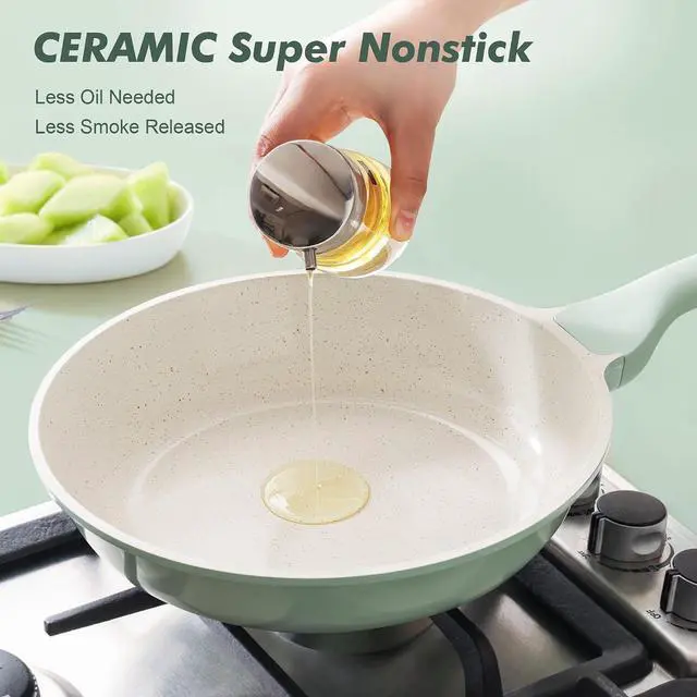 Alt view image 4 of 7 - Nonstick Ceramic Frying Pan with Lid 11 Inch Omelet Pan Skillet, Free of Intentionally Added PFAS/PTFE Non-toxic Chef's Pan Induction Compatible Pan, Heat Resistant Handle, Mint Green