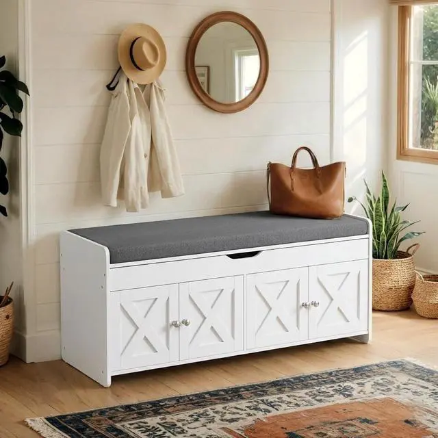 Main image of Pipishell 2-Tier Shoe Storage Bench with Cushioned Seat, Entryway Bench with Adjustable Shelf & Barn Doors, 300 lbs Capacity, 47.2" W x 15" D x 18" H, for Entryway, Bedroom, Living Room, White