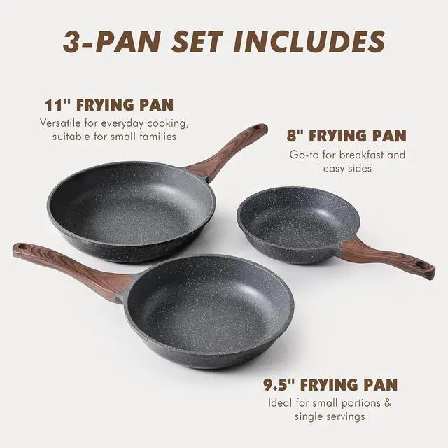 Alt view image 3 of 7 - Nonstick Frying Pan Skillets, Swiss Granite Coating Omelette Pans, Healthy Cookware Chef's Pan, Free of Intentionally Added PFOA (8+9.5+11 Inch)