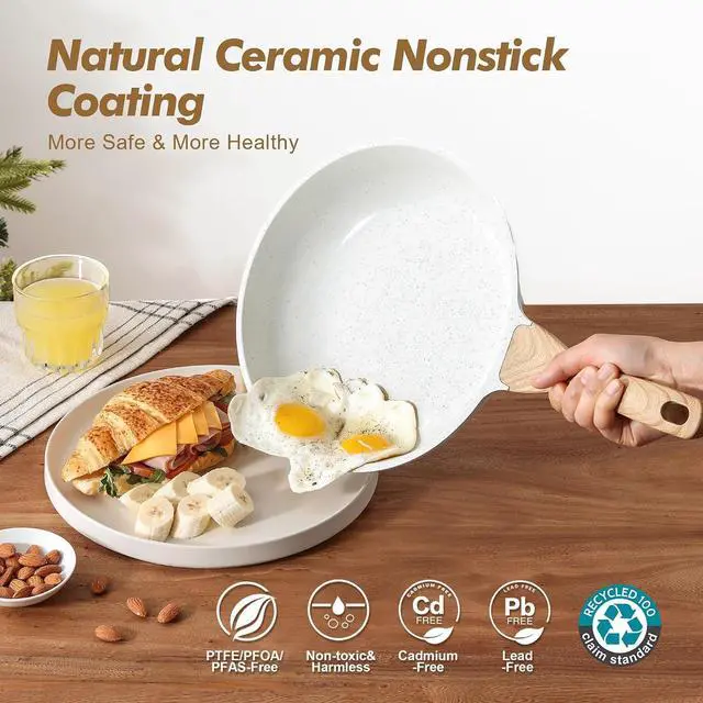 Alt view image 2 of 6 - Nonstick Frying Pan Skillets, White Ceramic Coating Omelette Pans, Healthy Cookware Chef's Pan, Free of PTFE & PFAS (8+11Inch with Lid)
