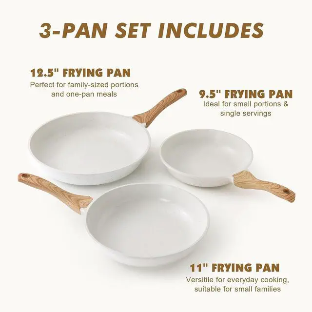 Alt view image 2 of 6 - Nonstick Frying Pan Skillets, White Ceramic Coating Omelette Pans, Healthy Cookware Chef's Pan, Free of PTFE & PFAS (9.5+11+12.5 Inch)
