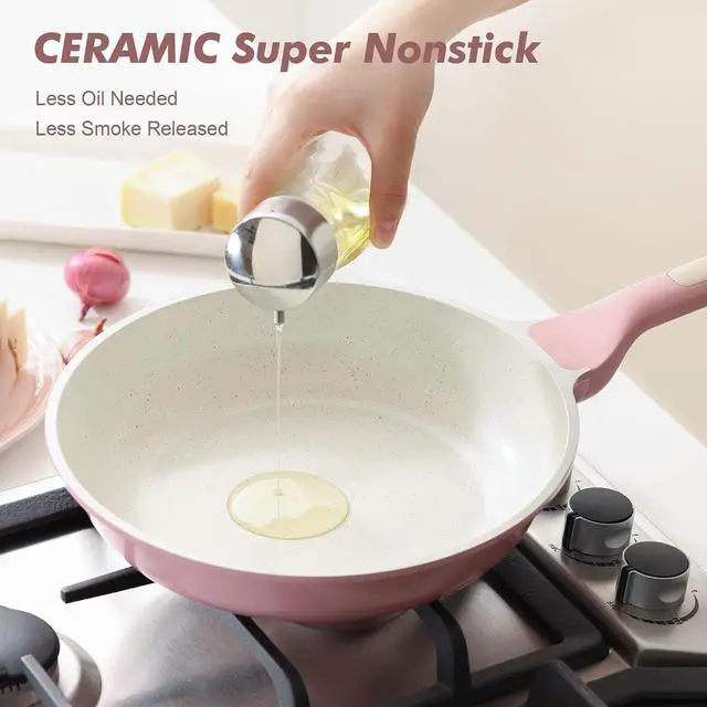 Alt view image 7 of 7 - Nonstick Ceramic Frying Pan 9.5-Inch, Healthy Non Toxic Skillet, Induction Compatible Omelet Pan with Heat Resistant Handle, PFAS-Free, Pink