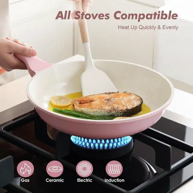 Alt view image 4 of 7 - Nonstick Ceramic Frying Pan 9.5-Inch, Healthy Non Toxic Skillet, Induction Compatible Omelet Pan with Heat Resistant Handle, PFAS-Free, Pink