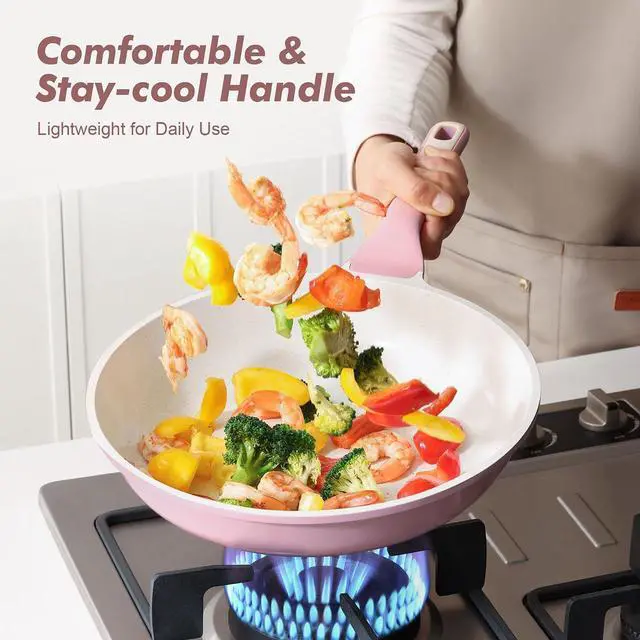 Alt view image 6 of 7 - Nonstick Ceramic Frying Pan 9.5-Inch, Healthy Non Toxic Skillet, Induction Compatible Omelet Pan with Heat Resistant Handle, PFAS-Free, Pink
