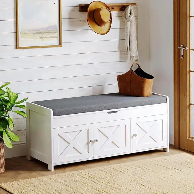 Main image of Pipishell 2-Tier Shoe Storage Bench, Entryway Bench with 3 Barn Doors, Cushion Seat, Hidden Storage, Adjustable Shelf, 200 lbs Capacity, for Entryway, Living Room, Bedroom, White (39.4Wx15Dx18.1H)