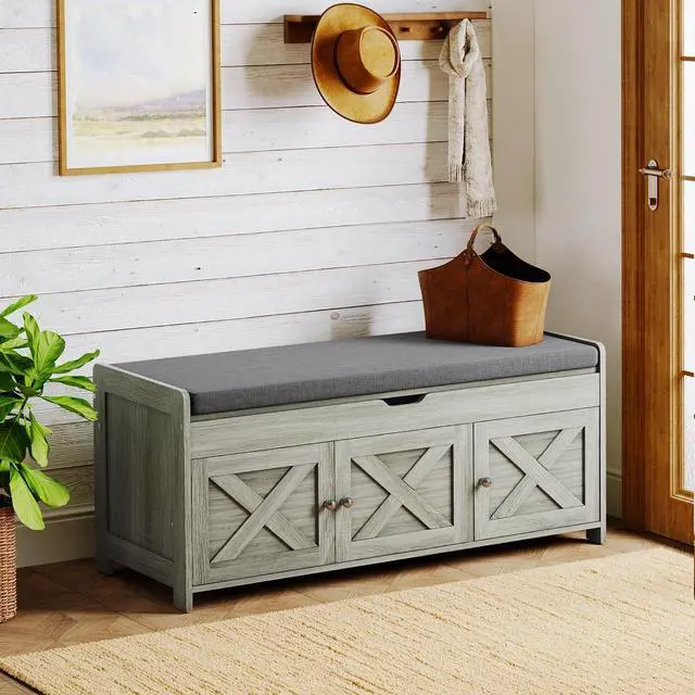 Main image of Pipishell 2-Tier Shoe Storage Bench, Entryway Bench with 3 Barn Doors, Cushion Seat, Hidden Storage, Adjustable Shelf, 200 lbs Capacity, for Entryway, Living Room, Bedroom, Gray (39.4Wx15Dx18.1H)