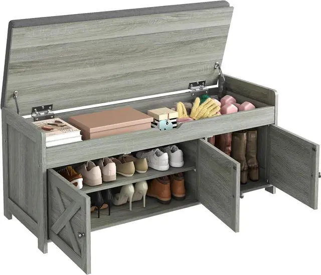 Alt view image 3 of 7 - Pipishell 2-Tier Shoe Storage Bench, Entryway Bench with 3 Barn Doors, Cushion Seat, Hidden Storage, Adjustable Shelf, 200 lbs Capacity, for Entryway, Living Room, Bedroom, Gray (39.4Wx15Dx18.1H)