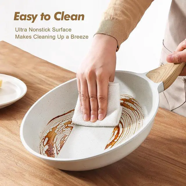Alt view image 4 of 6 - Nonstick Frying Pan Skillets, White Ceramic Coating Omelette Pans, Healthy Cookware Chef's Pan, Free of PTFE & PFAS (8+11Inch with Lid)