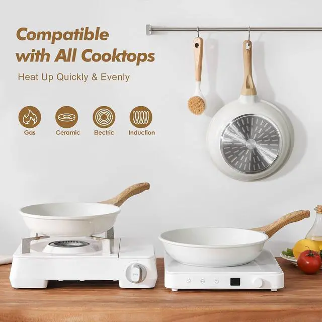 Alt view image 6 of 6 - Nonstick Frying Pan Skillets, White Ceramic Coating Omelette Pans, Healthy Cookware Chef's Pan, Free of PTFE & PFAS (8+11Inch with Lid)