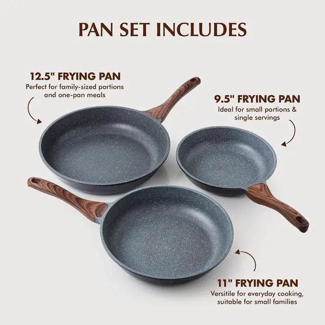 Alt view image 4 of 7 - Nonstick Frying Pan Skillets, Swiss Granite Coating Omelette Pans, Healthy Cookware Chef's Pan, Free of Intentionally Added PFOA (9.5+11+12.5 Inch)