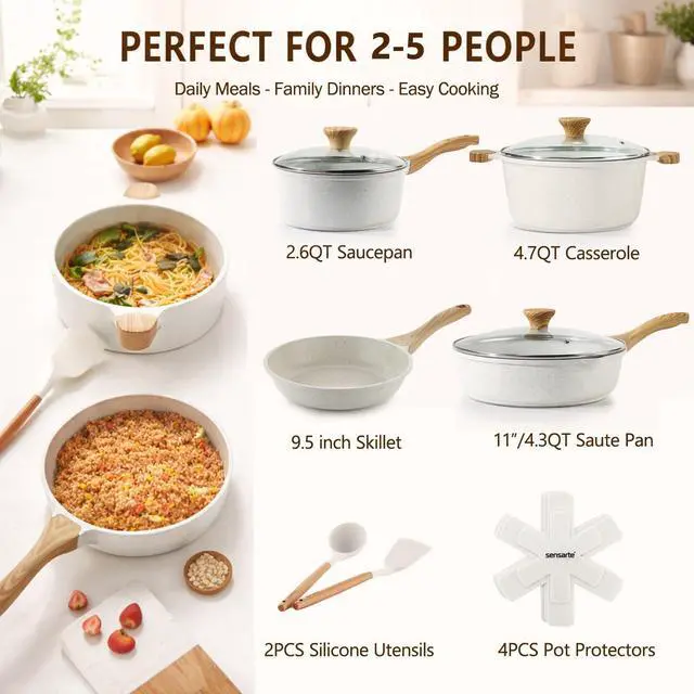 Alt view image 2 of 7 - Nonstick Ceramic Cookware Set, 13-Piece Non-toxic Pots and Pans Set, Healthy Kitchen Cooking Set with Stay-Cool Handles, Silicone Tools and Pot Protectors, PFAS Free