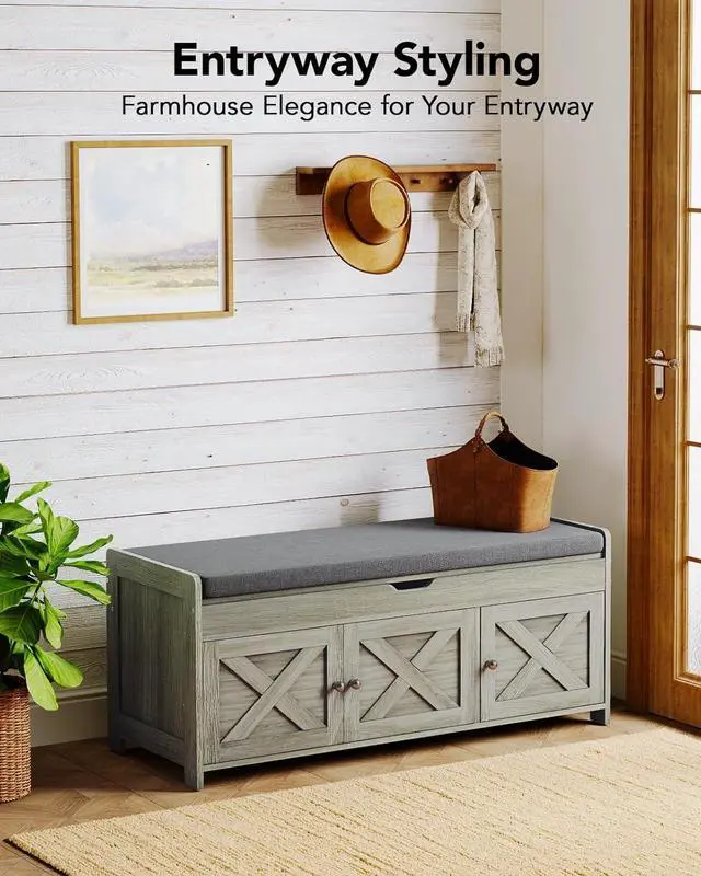 Alt view image 4 of 7 - Pipishell 2-Tier Shoe Storage Bench, Entryway Bench with 3 Barn Doors, Cushion Seat, Hidden Storage, Adjustable Shelf, 200 lbs Capacity, for Entryway, Living Room, Bedroom, Gray (39.4Wx15Dx18.1H)