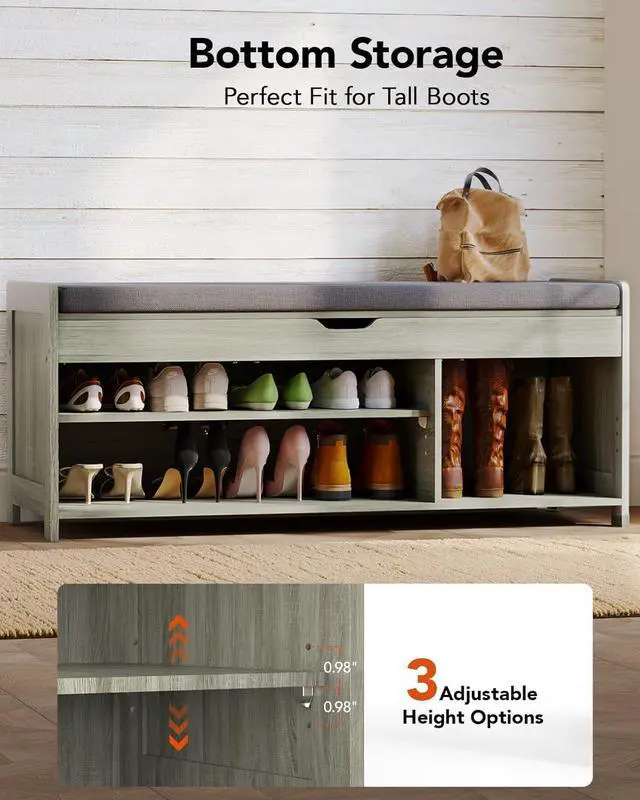 Alt view image 5 of 7 - Pipishell 2-Tier Shoe Storage Bench, Entryway Bench with 3 Barn Doors, Cushion Seat, Hidden Storage, Adjustable Shelf, 200 lbs Capacity, for Entryway, Living Room, Bedroom, Gray (39.4Wx15Dx18.1H)