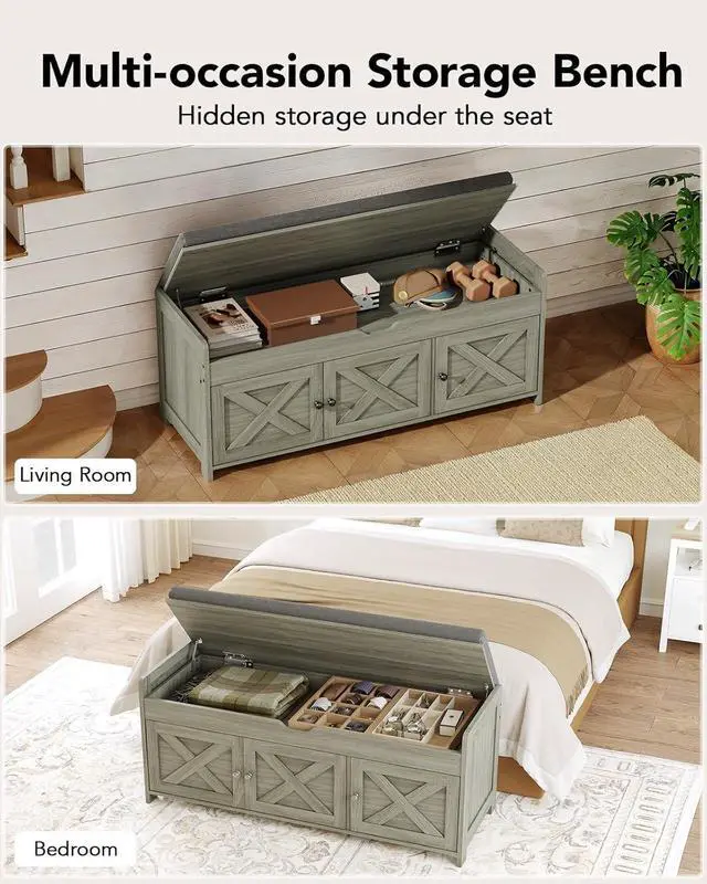 Alt view image 6 of 7 - Pipishell 2-Tier Shoe Storage Bench, Entryway Bench with 3 Barn Doors, Cushion Seat, Hidden Storage, Adjustable Shelf, 200 lbs Capacity, for Entryway, Living Room, Bedroom, Gray (39.4Wx15Dx18.1H)