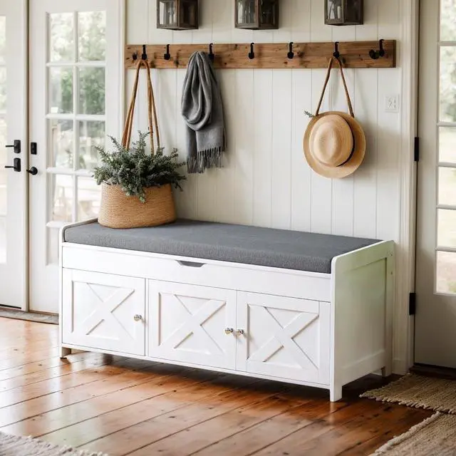 Main image of Pipishell Shoe Storage Bench with Cushion Seat, 2-Tier Farmhouse Entryway Bench with Adjustable Shelf & Barn Doors, Shoe Rack for Living Room, Bedroom, 16" D x 39.4" W x 18" H, 300 lbs Capacity, White