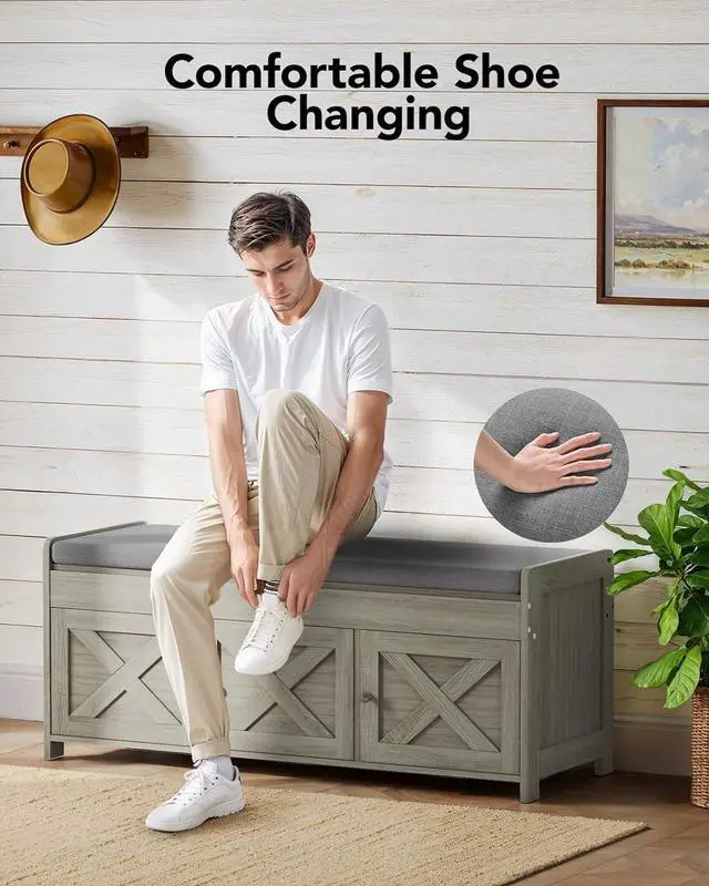 Alt view image 7 of 7 - Pipishell 2-Tier Shoe Storage Bench, Entryway Bench with 3 Barn Doors, Cushion Seat, Hidden Storage, Adjustable Shelf, 200 lbs Capacity, for Entryway, Living Room, Bedroom, Gray (39.4Wx15Dx18.1H)
