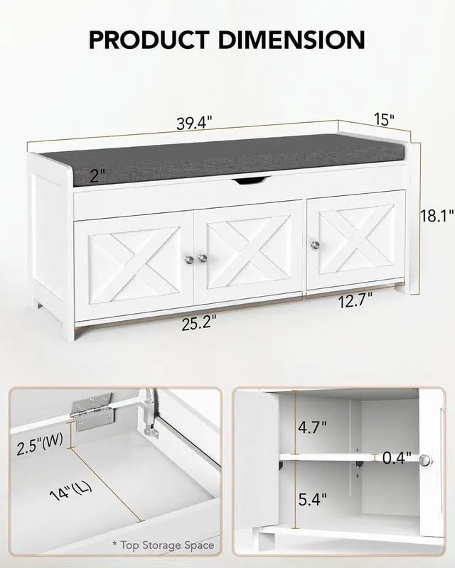 Alt view image 2 of 7 - Pipishell 2-Tier Shoe Storage Bench with Cushioned Seat, Entryway Bench with Adjustable Shelf & Barn Doors, 300 lbs Capacity, 39.4" W x 16" D x 18" H, for Entryway, Bedroom, Living Room, White
