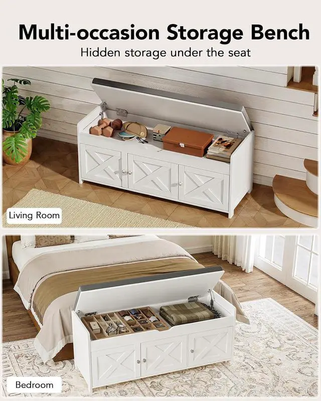 Alt view image 4 of 7 - Pipishell 2-Tier Shoe Storage Bench with Cushioned Seat, Entryway Bench with Adjustable Shelf & Barn Doors, 300 lbs Capacity, 39.4" W x 16" D x 18" H, for Entryway, Bedroom, Living Room, White