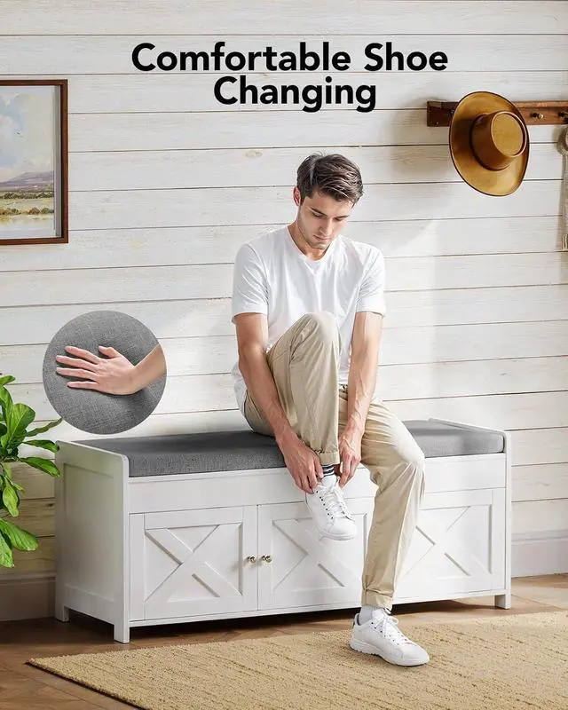 Alt view image 3 of 7 - Pipishell 2-Tier Shoe Storage Bench with Cushioned Seat, Entryway Bench with Adjustable Shelf & Barn Doors, 300 lbs Capacity, 39.4" W x 16" D x 18" H, for Entryway, Bedroom, Living Room, White