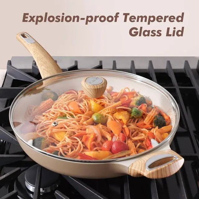 Alt view image 3 of 7 - Ceramic Nonstick Frying Pan Skillet with Lid 12.5Inch Large Non Stick Non-toxic Healthy Kitchen Cooking Chef's Pan, Free of Intentionally Added PFOA/PFAS/PTFE, Induction Compatible