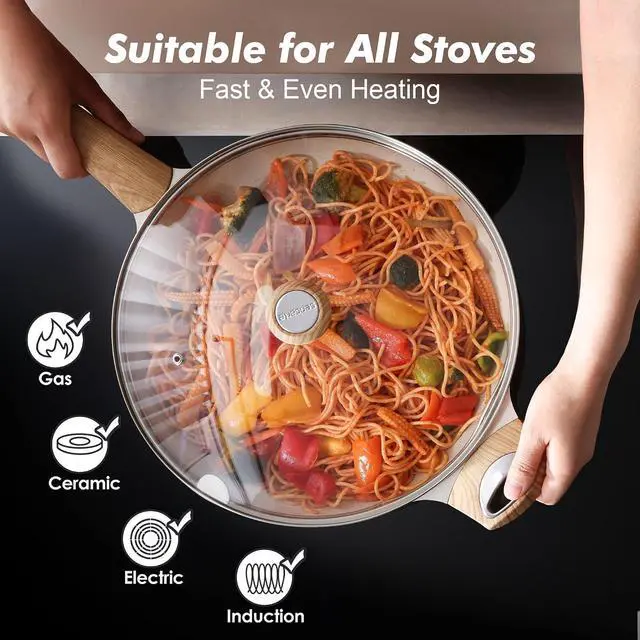 Alt view image 5 of 7 - Ceramic Nonstick Frying Pan Skillet with Lid 12.5Inch Large Non Stick Non-toxic Healthy Kitchen Cooking Chef's Pan, Free of Intentionally Added PFOA/PFAS/PTFE, Induction Compatible